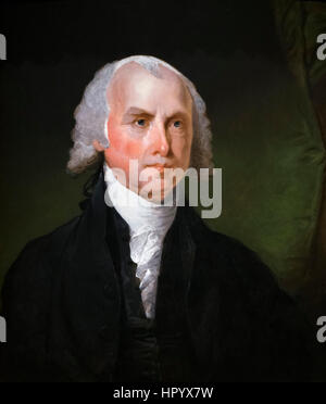 James Madison. Ritratto del quarto presidente americano James Madison (1751-1836) da Gilbert Stuart, olio su legno, c.1821 Foto Stock