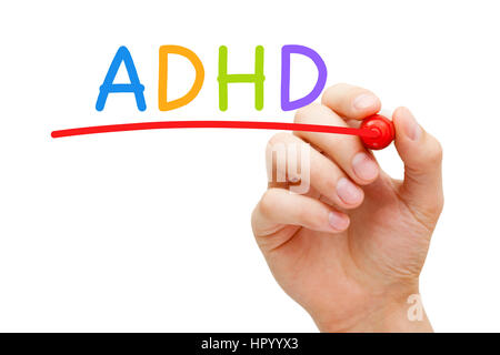 La scrittura a mano ADHD Disturbo da Deficit di Attenzione e Iperattività con marcatore sul vetro trasparente stampato. Foto Stock