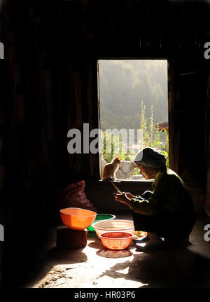 La donna senior con un gatto da salotto. Foto Stock