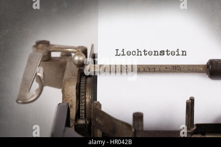 Iscrizione fatta da vinrage nastri inchiostratori per macchine da scrivere, paese, Liechtenstein Foto Stock