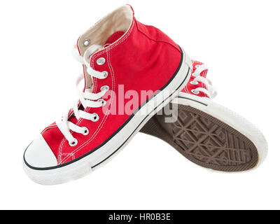 Vintage red shoes classic pongono sul puro sfondo bianco Foto Stock