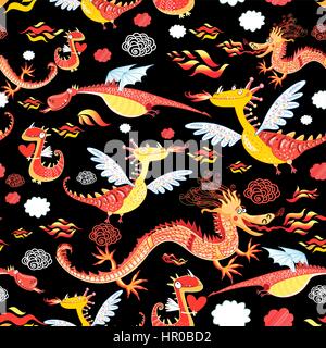 Modello senza giunture di bright funny dragon su sfondo nero Illustrazione Vettoriale