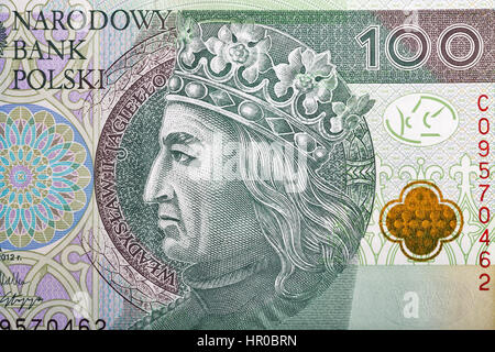 Il polacco denaro bill cento zloty macro con il ritratto del re di Polonia Wladyslaw II Jagiello. Foto Stock