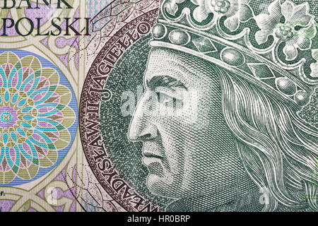 Il polacco denaro bill cento zloty macro con il ritratto del re di Polonia Wladyslaw II Jagiello. Foto Stock