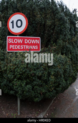 10 mph road sign & rallentare i pedoni nel segno di una siepe verde Foto Stock