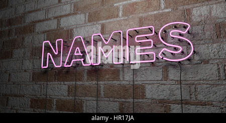 Nomi - incandescente insegna al neon sulla parete in muratura - 3D reso Royalty free stock illustrazione. Possono essere utilizzati per gli annunci tramite banner on line di altezza e direct mailer. Foto Stock