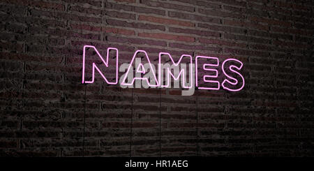 Nomi -realistico segno al Neon su un muro di mattoni di sfondo - 3D reso Royalty free stock foto. Possono essere utilizzati per gli annunci tramite banner on line di altezza e direct mailer. Foto Stock