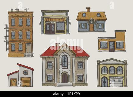 Set di diversi edifici disegnati in stile sketchy Illustrazione Vettoriale