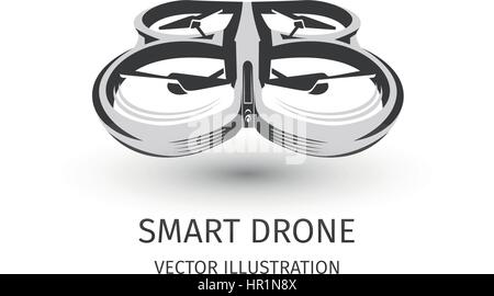 Isolato rc drone logo su bianco. Tecnologia Drone logotipo. Unmanned Aerial icona del veicolo. Il dispositivo di telecomando segno. Visione di sorveglianza multirotor. Vettore illustrazione quadcopter Illustrazione Vettoriale