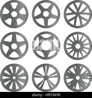 Isolato in bianco e nero e colore bianco ruote in lega logo collection, elementi delle auto logotipo imposta illustrazione vettoriale. Illustrazione Vettoriale