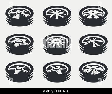 Isolato in bianco e nero e colore bianco ruote in lega logo collection, elementi delle auto logotipo imposta illustrazione vettoriale. Illustrazione Vettoriale