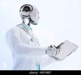 Robot artificiale medico, cyborg medico specialista lavora con i tablet pc in profilo, 3D render Foto Stock