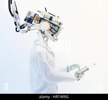 Robot artificiale medico, cyborg medico specialista lavora con i tablet pc in profilo, 3D render Foto Stock