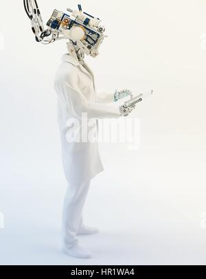 Robot artificiale medico, cyborg medico specialista lavora con i tablet pc in profilo, 3D render Foto Stock