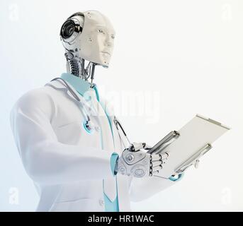 Robot artificiale medico, cyborg medico specialista lavora con i tablet pc in profilo, 3D render Foto Stock