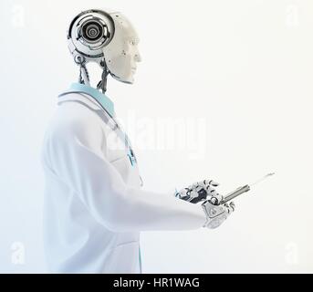 Robot artificiale medico, cyborg medico specialista lavora con i tablet pc in profilo, 3D render Foto Stock