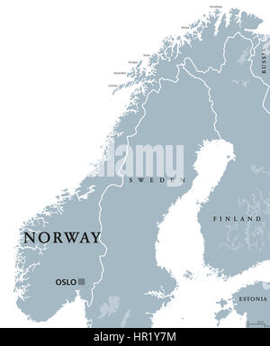 Norvegia mappa politico con capitale Oslo, i confini nazionali e i paesi vicini. Regno e il paese scandinavo nel Nord Europa. Foto Stock