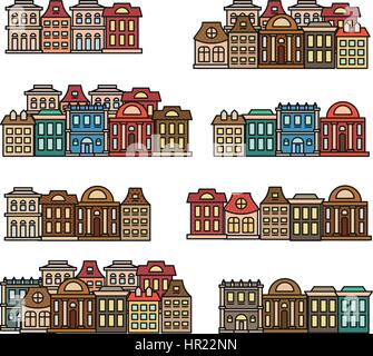 Colorate isolato di bassa altezza di case,elementi città illustrazioni vettoriali set, edifici comunali raccolta di icone. Illustrazione Vettoriale