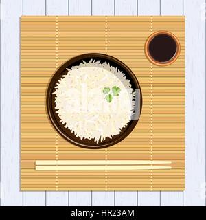 Il riso nel recipiente di ceramica con bacchette e prezzemolo ramoscello verdeggiante e sause. Cucina tappetino di bambù sul bianco invecchiato in legno. Illustrazione Vettoriale. Per culinar Illustrazione Vettoriale