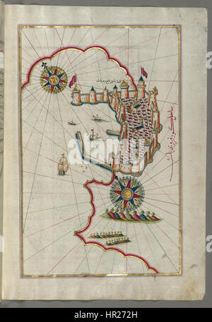 La mappa creata dall'ammiraglio e cartografo ottomano Piri Reis raffigura la Fortezza di Trieste. Nota per la sua accuratezza e dettaglio, la mappa riflette l'interesse dell'Impero ottomano nei territori europei durante il XVI secolo. Foto Stock