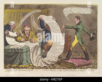 Preparazione per il grande attacco, - oppure - un privato la prova del ci-devant ministero in pericolo da James Gillray Foto Stock