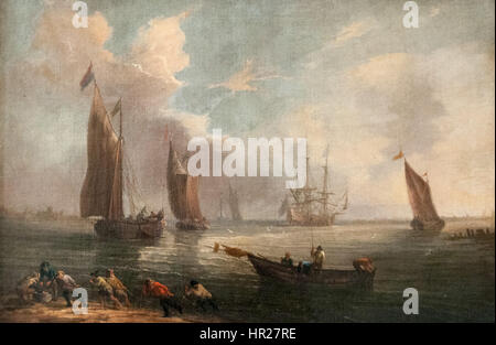 La "Seascape" di Pieter Bout raffigura una scena costiera drammatica, caratterizzata da acque turbolente e un cielo dinamico. L'attenzione dell'artista sulle forze naturali e gli effetti atmosferici esemplifica la pittura paesaggistica olandese del XVII secolo. Foto Stock