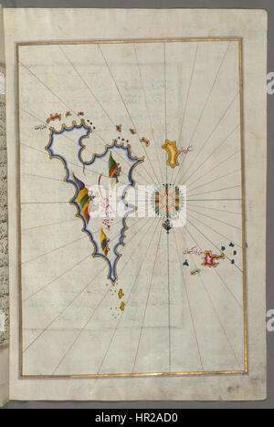 Piri Reis, il famoso cartografo ottomano, creò questa mappa dell'isola di Skyros all'inizio del XVI secolo. Il suo lavoro è rinomato per i suoi dettagli e la sua accuratezza, combinando conoscenza geografica europea e ottomana, rendendolo un documento storico di valore inestimabile. Foto Stock