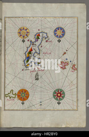 Questa mappa del cartografo ottomano Piri Reis mostra l'isola di Amorgos nel Mar Egeo sudorientale. Creata all'inizio del XVI secolo, la mappa riflette la conoscenza dettagliata della regione mediterranea e delle sue coste da parte di Piri Reis. Foto Stock