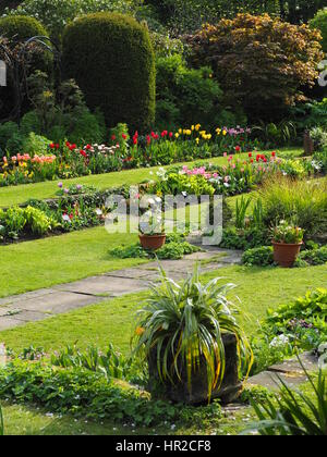 Chenies Manor Sunken garden in tulip time; una bella serata di maggio con il sole e il fresco verde per la crescita di piante. Foto Stock