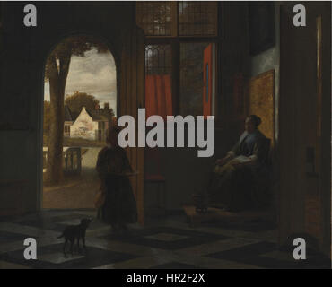 Questo dipinto del XVII secolo di Pieter de Hooch mostra una donna seduta accanto a una finestra con un bambino in una porta, catturando la tranquillità domestica. La composizione riflette l'esperienza di de Hooch nella prospettiva, nella luce e nella rappresentazione degli spazi interni nella vita di tutti i giorni. Foto Stock