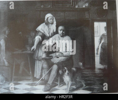 La "scena della taverna con uno fumatore" di Pieter de Hooch ritrae un momento tranquillo in una taverna, con una figura che fuma da seduti. Conosciuto per le sue dettagliate scene domestiche, De Hooch cattura l'interno di una taverna olandese del XVII secolo, concentrandosi sulla luce, l'atmosfera e l'interazione sociale. Foto Stock