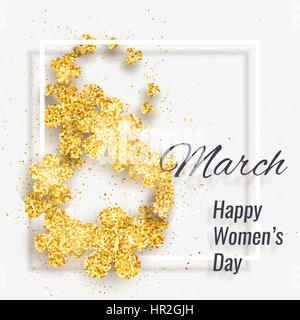 Vector 8 marzo felice International Womens Day greeting card con la figura di otto realizzati con oro scintillanti glitter fiori Illustrazione Vettoriale