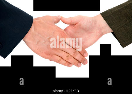 Handshake business - facendo un buon affare su sfondo bianco Foto Stock