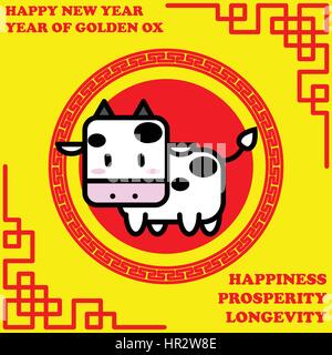 Felice anno nuovo di Golden Ox anno su sfondo dorato e una buona parola per la vita Illustrazione Vettoriale