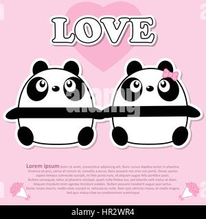 Coppia adorabile simpatico panda tenere mani insieme a San Valentino e taglio di carta adesivo concept Illustrazione Vettoriale