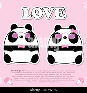 Coppia adorabile simpatico panda di indossare occhiali da sole e pink bow tie in San Valentino e taglio di carta adesivo concept Illustrazione Vettoriale
