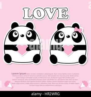 Coppia adorabile simpatico panda con cuore rosa in mano per San Valentino e il taglio della carta adesivo concept Illustrazione Vettoriale