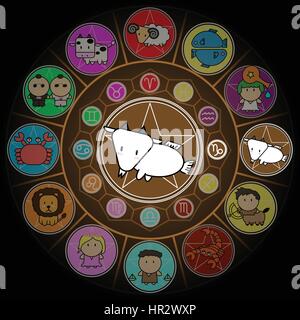 Capricorno Zodiaco nel cerchio centrale di segni oroscopo Cartoon vettore icona su sfondo nero Illustrazione Vettoriale