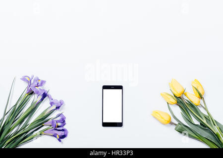 Iridi viola e tulipani gialli e smart phone su sfondo bianco, vista dall'alto Foto Stock