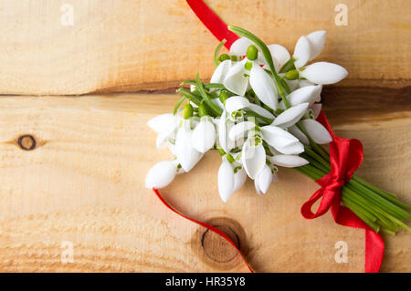 Snowdrops bouquet su un naturale pannello di legno Foto Stock