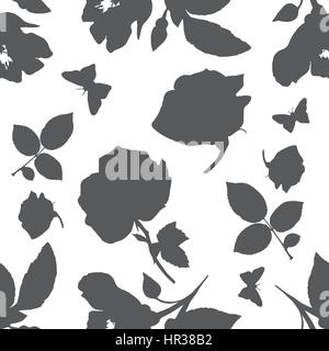 Vettore di Seamless pattern con rose, foglie e farfalle silho Illustrazione Vettoriale