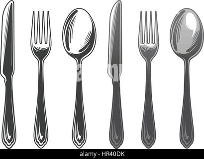 Set di posate cucchiaio, coltello e forchetta. Oggetti per il servizio da tavola, vista dall'alto. Illustrazione Vettoriale Illustrazione Vettoriale