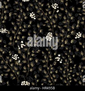 Modello senza giunture di bianco e nero con po' di foglie e bacche. Elementi d'oro. Sfondo infinito. Illustrazione Vettoriale