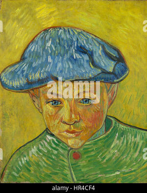 'Portret van Camille Roulin' è un ritratto di Vincent van Gogh, ospitato nel Museo Van Gogh. Il dipinto raffigura Camille Roulin, un postino, ed è noto per la sua vivida tavolozza di colori e pennellate emotive. Foto Stock