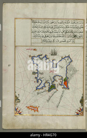 La mappa di Piri Reis, un famoso cartografo ottomano, raffigura l'isola di Lemnos nel Mar Egeo. Riflette la comprensione dettagliata di Reis della geografia e delle rotte di navigazione del suo tempo. Foto Stock
