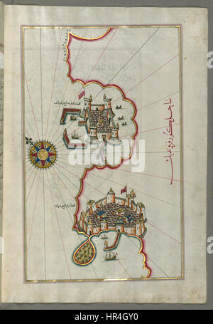 La mappa di Piri Reis, creata all'inizio del XVI secolo, offre una descrizione dettagliata della costa da Izola a Capodistria. Nota per la sua accuratezza e rappresentazione artistica, la mappa riflette le avanzate abilità cartografiche dell'Impero Ottomano. Foto Stock