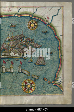 Questa mappa di Piri Reis, un cartografo ottomano, presenta una dettagliata rappresentazione della parte orientale di Venezia. Creato all'inizio del XVI secolo, mette in risalto la geografia costiera e il layout urbano della città con notevole precisione per l'epoca. La mappa offre informazioni sulla conoscenza cartografica e sugli interessi marittimi dell'Impero ottomano durante il periodo rinascimentale. Foto Stock