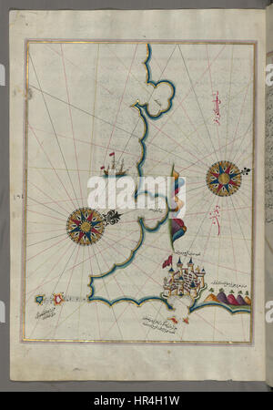 La mappa di Piri Reis, creata all'inizio del XVI secolo, raffigura la costa a nord della fortezza di Medulin, mostrando una dettagliata accuratezza cartografica della regione. La mappa è notevole per il suo valore storico e per l'eccezionale rappresentazione del paesaggio mediterraneo. Foto Stock