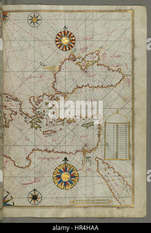 La mappa di Piri Reis, creata nel 1513, illustra il Mediterraneo orientale, il Mar Egeo e il Mar Nero, offrendo una visione dettagliata della geografia della regione durante l'inizio del XVI secolo. È famoso per la sua precisione e la sua rappresentazione unica del mondo durante l'era dell'esplorazione, che mostra l'abilità di navigazione di Piri Reis. Foto Stock