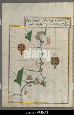 La famosa mappa di Piri Reis, creata all'inizio del XVI secolo, raffigura la costa orientale del Mediterraneo, che si estende fino a Beirut. È una delle più importanti mappe ottomane superstiti, che mostra le coste dettagliate e le prime conoscenze geografiche. Foto Stock